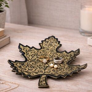Etched Painted Brass Leaf Black & Gold Hanging Wall Decor Or Tray MCM 8” L 6” W